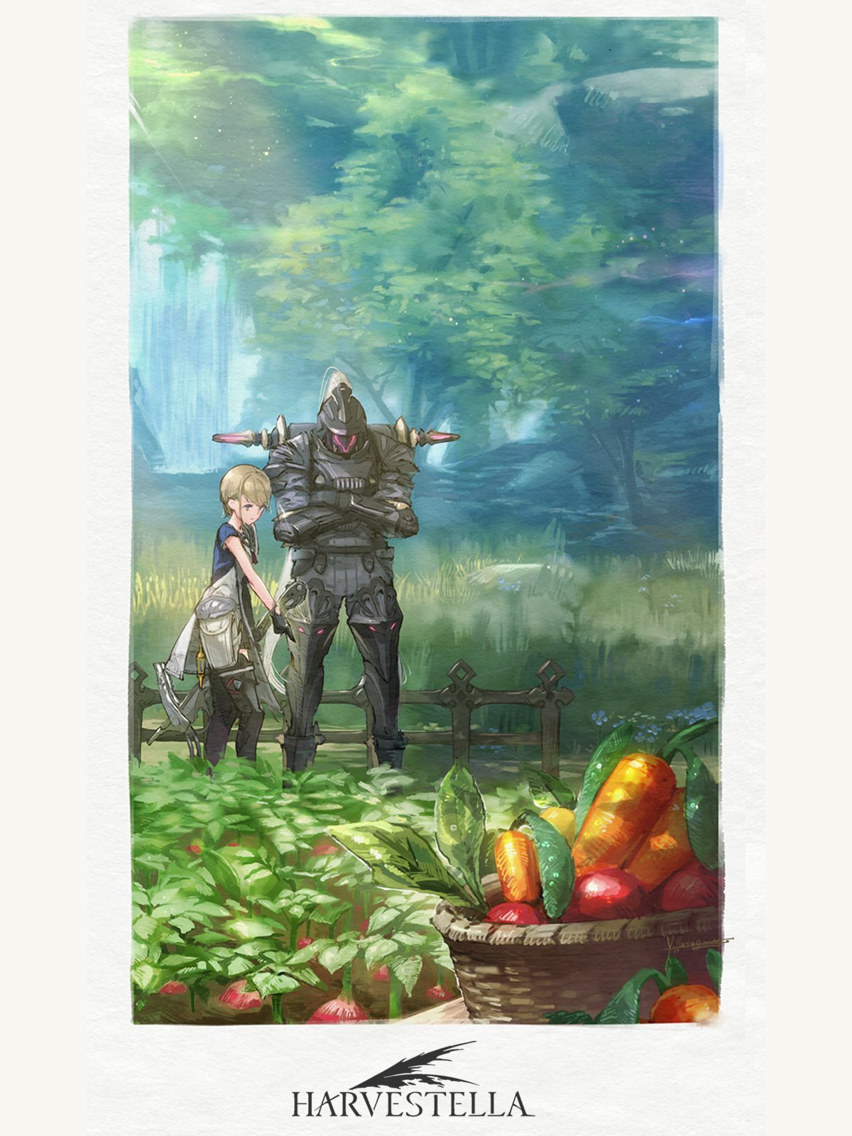 The Protagonist,
     a Human with blond hair, blue eyes, white skin and a fantasy white and blue outfit, is standing next to Dianthus, an Omen. 
     An Omen looks like a tall, black robot,  with a humanoid shape and purple highlit. The two of them are facing a field of the 
     game's fantasy vegetables, which kind of looks like carrots and radishes. The Protagonist is pointing at the field, while Dianthus
     listens deeply, with her arms crossed against her chest.