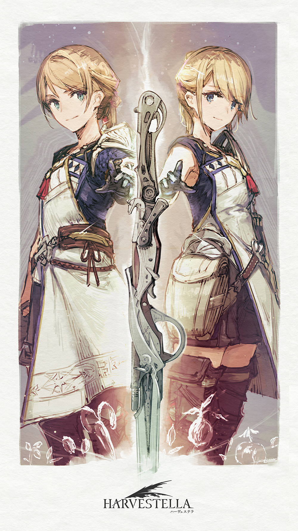 The Protagonist of Harvestella, 
    in either boy or girl mode. Both have white skin, long blond hair, blue eyes, a fantasy outfit in white and blue, and are reaching out for
    their weapon at the center of the image