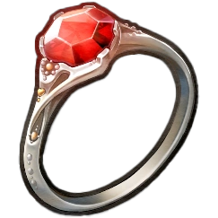 Drawing of a silver ring with a red gemstone.