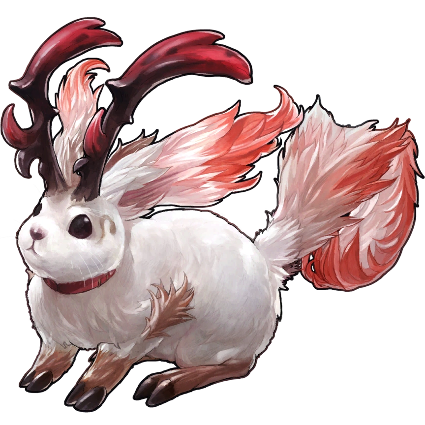 Totokaku, a giant rabbit with horns and hooves. Its 
    fur is white with red highlights.